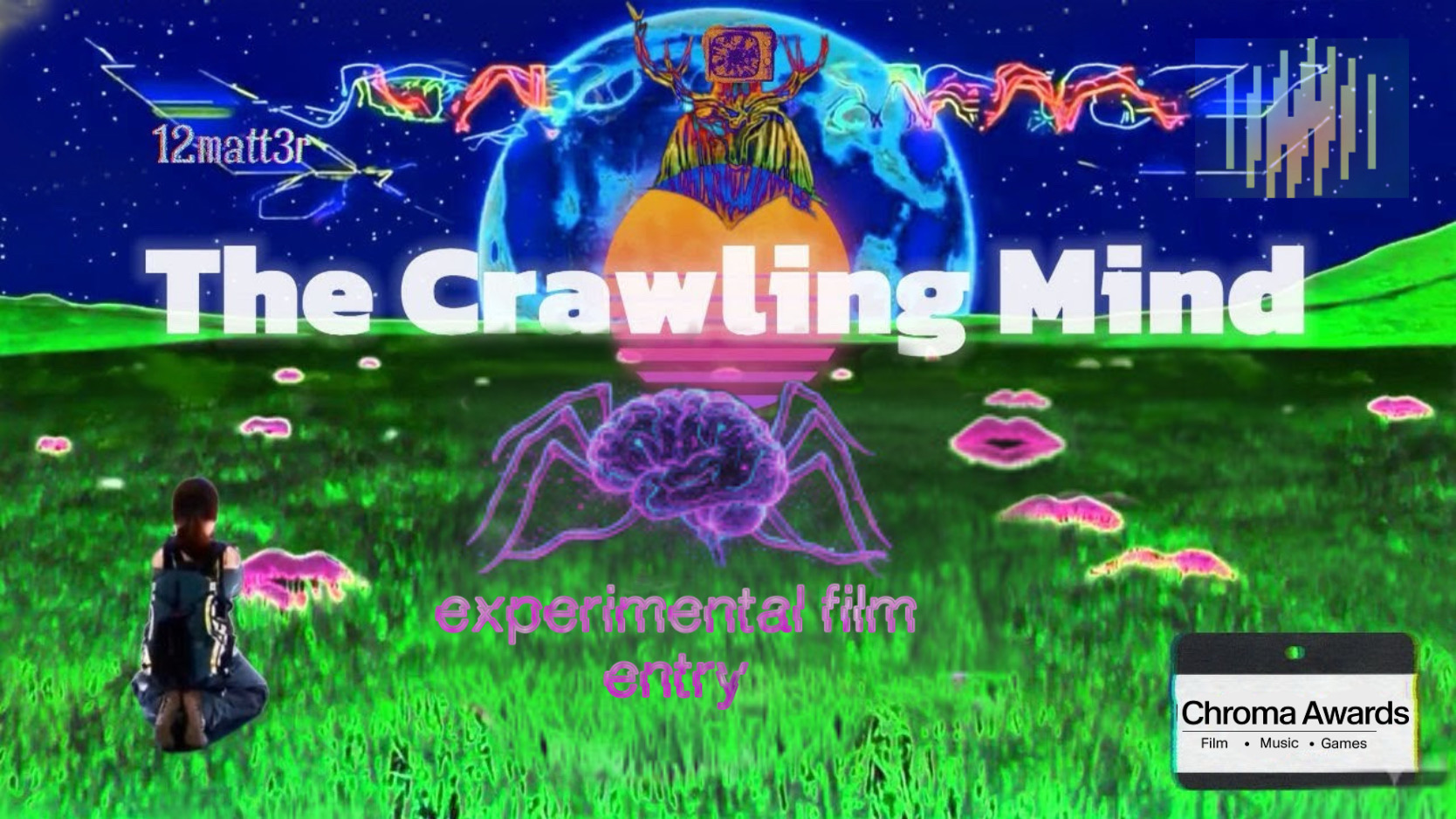 The Crawling Mind film title card with spider-brain over neon landscape